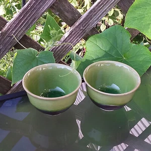 Japanese  MINO-Yaki Style from Central  JAPAN  Set of  2 GreenTea Yonomi Cup NEW - Picture 1 of 9