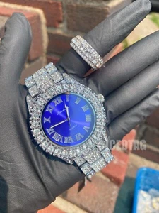 HIP HOP ICED BLING OUT SILVER PLATED LAB DIAMOND WATCH & BRASS RING MEN GIFT SET - Picture 1 of 23