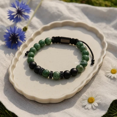 Pulseira de miçangas de jade verde ônix preto 8 mm proteção de cura energia joias masculinas - Imagem 1 de 4