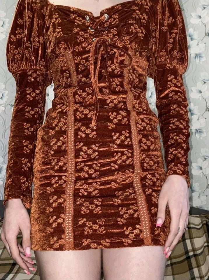 Asos Medieval Revival Burnt Orange Velvet Mini Dress Sz 12 - Image 1 of 4