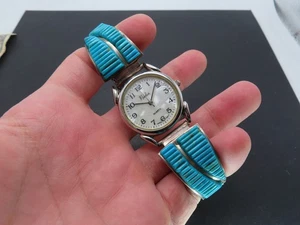 Vtg Sterling Silver & Turquoise Inlay Mens Watch Tips, Unsigned, 60.1 - Picture 1 of 9