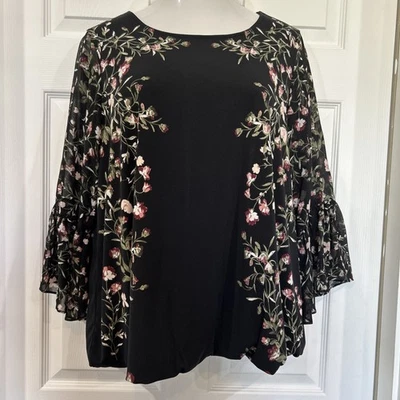 Blusa túnica de punto elástico floral negra talla grande Alfani para mujer talla grande 1X manga campana Foto 1 de 4