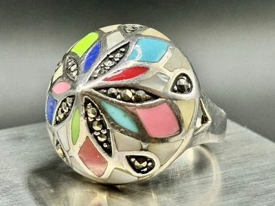 Fregona vintage tailandesa de plata de ley 925 con incrustaciones multicolores marcasita turquesa 9,8 g Foto 1 de 4