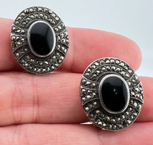 Vintage Earrings Black Onyx Marcasite 925 Sterling Silver Oval Art Deco Clip on - Picture 1 of 21