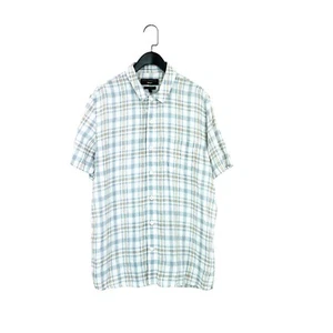 Paul Costelloe Blue White Brown Check Spread Collar Pure Linen Shirt - Size L - Picture 1 of 13