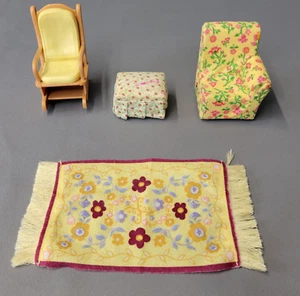Loving Family Doll House Furniture Rocking Floral Chair Ottoman Throw Rug Toys - Picture 1 of 11