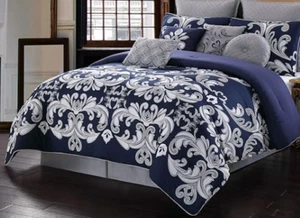Style 212 Dolce Navy 10-Piece Comforter Silver, Navy, Grey King 10 pc set - Picture 1 of 1