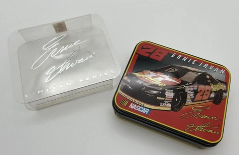 Ernie Irvan #28 BLACK LEATHER TRI-FOLD WALLET In NASCAR Collectible Tin Cover