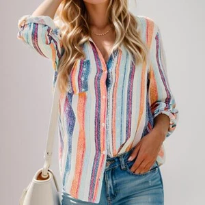 omen's Shirts Fashion Casual Loose Long Sleeve Button DownCollared Blouse Tops - Picture 1 of 14