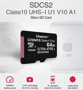 Kingston Canvas 64 GB Select Plus SDCS2/64GB Scheda Microsd Classe 10 Adattatore - Zdjęcie 1 z 11