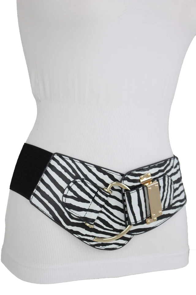 Cinturón estilo safari estampado cebra negro blanco hebilla gancho metal dorado para mujer talla L XL Foto 1 de 4