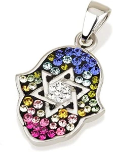 Hamsa Silver Pendant With Mix Colors Gemstones + 925 Sterling Silver Chain #6 - Picture 1 of 1