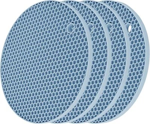 Silicone Trivets Hot Dishes Pots Pans Blue Round Holders Jar Opener Pads Spoon - Picture 1 of 6