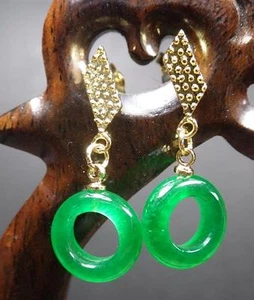 Yellow Gold Plate Icy Green JADE Earrings Earring Circle 282905 - Picture 1 of 10