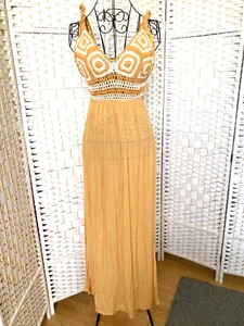 Crochet Maxi Dress size S with tags orangey custard festival beach holiday boho - Picture 1 of 7