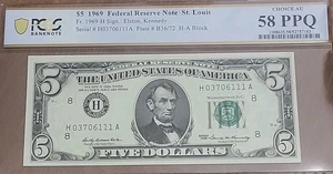 1969 $5 Federal Reserve Note PMG 58 PPQ Choice AU H-A BLOCK - Picture 1 of 7