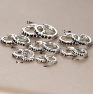 Silver Black Small 925 Sterling Silver Crystal Huggie Hoop Earrings for Women - Picture 1 of 12