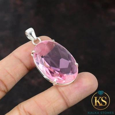 Oferta de San Valentín 925 Plata Ovalada Rosa Kuncita Piedra Hermana Colgante Único Joyería Foto 1 de 4