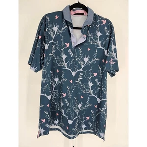 GREYSON MENS L LARGE POLO SHIRT REINDEER GAMES PRINT STORM BLUE PINK GOLF LOGO - Picture 1 of 5