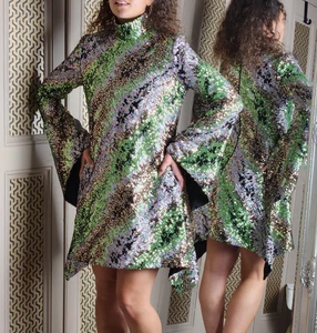 Halpern Runway Mini Dress Gown Green Stripe Sequin Tulle WAS£1369 FR 38 UK 8 10 - Picture 1 of 22