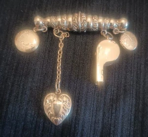 Gold Tone Dangly Charm Whistle & Locket Brooch/Pin - Picture 1 of 5