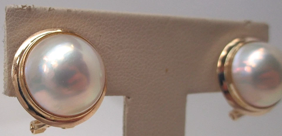 Vintage 14k Yellow Gold Post Clip Omega Back 12mm Pearl Stud Earrings - Image 1 of 4