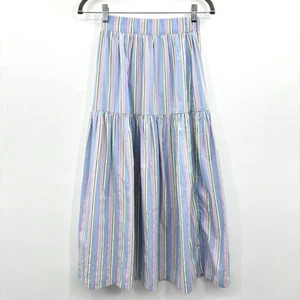 Maxi gonna Nina Blanc cotone a righe a strati taglia XS blu vacanza costiera $350 - Foto 1 di 8
