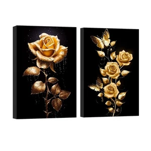 Arte da parete su tela rosa 2 pezzi quadri floreali neri e oro dipinti fiori... - Foto 1 di 6