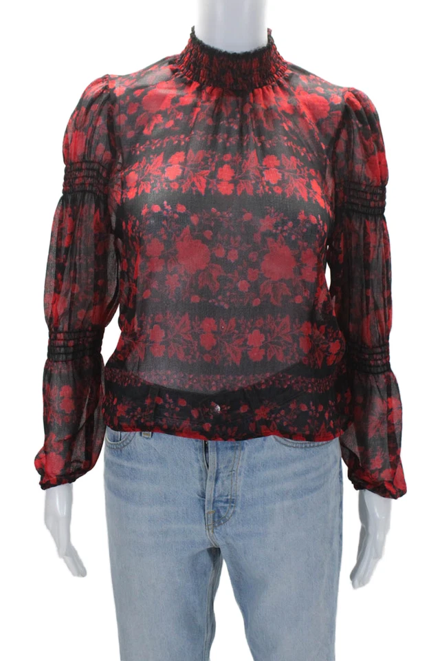 BB Dakota Womens Floral Printed Elastic Mock Neck Floral Blouse Red Size S - Image 1 of 4