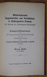 1904 Bruno Kiehl Shakespeare Dissertation Berlin - Imagen 1 de 1