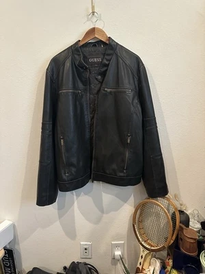 GUESS Men’s Moto jacket W/ Distressed Look/ Rich Chocolate Color . Sz L - Image 1 of 4