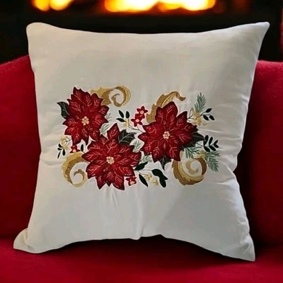 Almohada de terciopelo bordada de pascua invierno blanca floral y cintas 16"x16" Foto 1 de 4