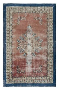 6.3x10 Ft Handmade Turkish Vintage Rug in Soft Red, Beige with Blue Solid Border - Picture 1 of 5