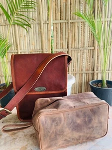 Mens Genuine Leather Goat Brown Crossbody Shoulder Satchel Free Toiletry Bag - Picture 1 of 6