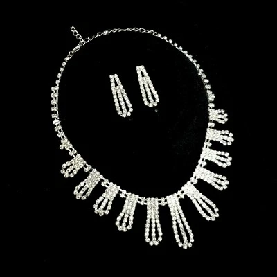Set Di Gioielli Strass Per Sposa Matrimonio Argento Orecchini Collana - Immagine 1 di 2
