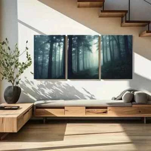 Impresión de metal de naturaleza tranquila camino bosque brumoso 3 piezas lista para colgar arte - Imagen 1 de 8