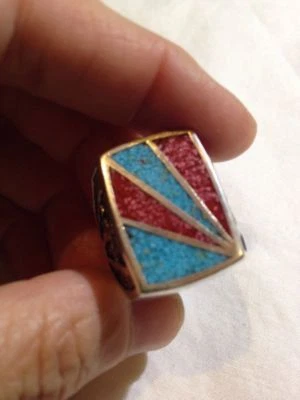 1980's Vintage Inlay Turquoise Stone Southwestern Silver Men's Size 13.25 Ring - Image 1 of 3