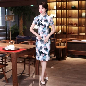 Women Summer Cotton Linen Qipao Chinese Traditional Cheongsam Evening Dress Gown - Picture 1 of 6