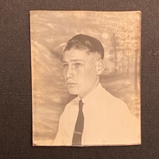PHOTOBOOTH School Picture Young Man with Tie Unsure Sad Look Pouty Lips Vintage