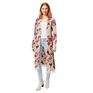 Maglione cardigan spolverino Freshman beige e rosa con orlo floreale e pizzo taglia M - Foto 1 di 9