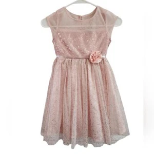 Girl's Pink Tulle Sparkly Fancy Party Holiday Dress Short Sleeve With Flower / 6 - Picture 1 of 9