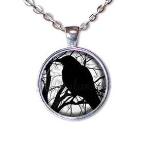 Silhouette Crow Bird Raven Gothic - Handmade ROUND Glass Pendant Necklace - Picture 1 of 10