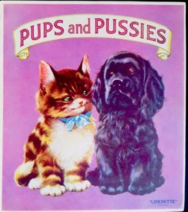 PUPS & PUSSIES ~1940’s Linenette Lithos Picture Color Plates Book Puppy Kitten - Bild 1 von 3