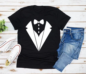 Tuxedo Bow Tie Shirt T-Shirt Suit Party Gift Humor Mens Funny Classic Outfit - Picture 1 of 2