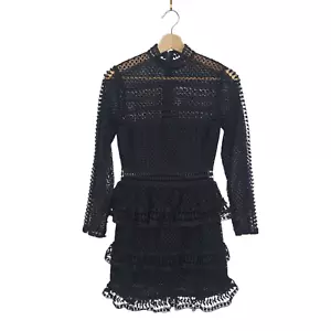 Self-Portrait Size 6 Black Guipure Long Sleeve Mock Neck Ra-Ra Ruffle Dress - Picture 1 of 9