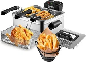 Electric Deep Fryer with Lid, 5 Litre Deep Fryer with 3 Basket, Knob Temperature - Picture 1 of 9