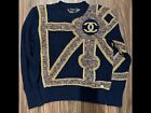 Auth CHANEL Navy Gold Knit Cashmere Wool Blend CC Logo Crew Neck Sweater Size 38