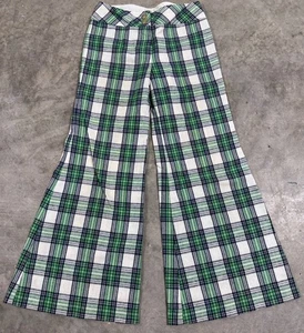 Vintage 60s 70s Bell Bottom Flare Pants Girls 26 Boho Hippie Green Plaid Disco - Picture 1 of 11