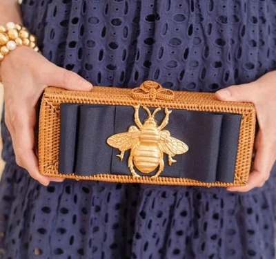 Lisi Lerch Elegant Navy Ribbon Woven Purse with Golden Bee Accent - image 1 of 4