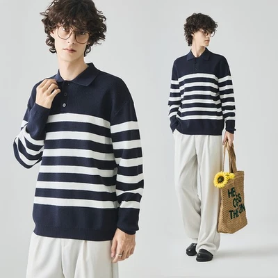 Suéter Retro Rayas Hombres Manga Larga Tejido Otoño Primavera Informal Suelto Prendas para el torso Talla Foto 1 de 4